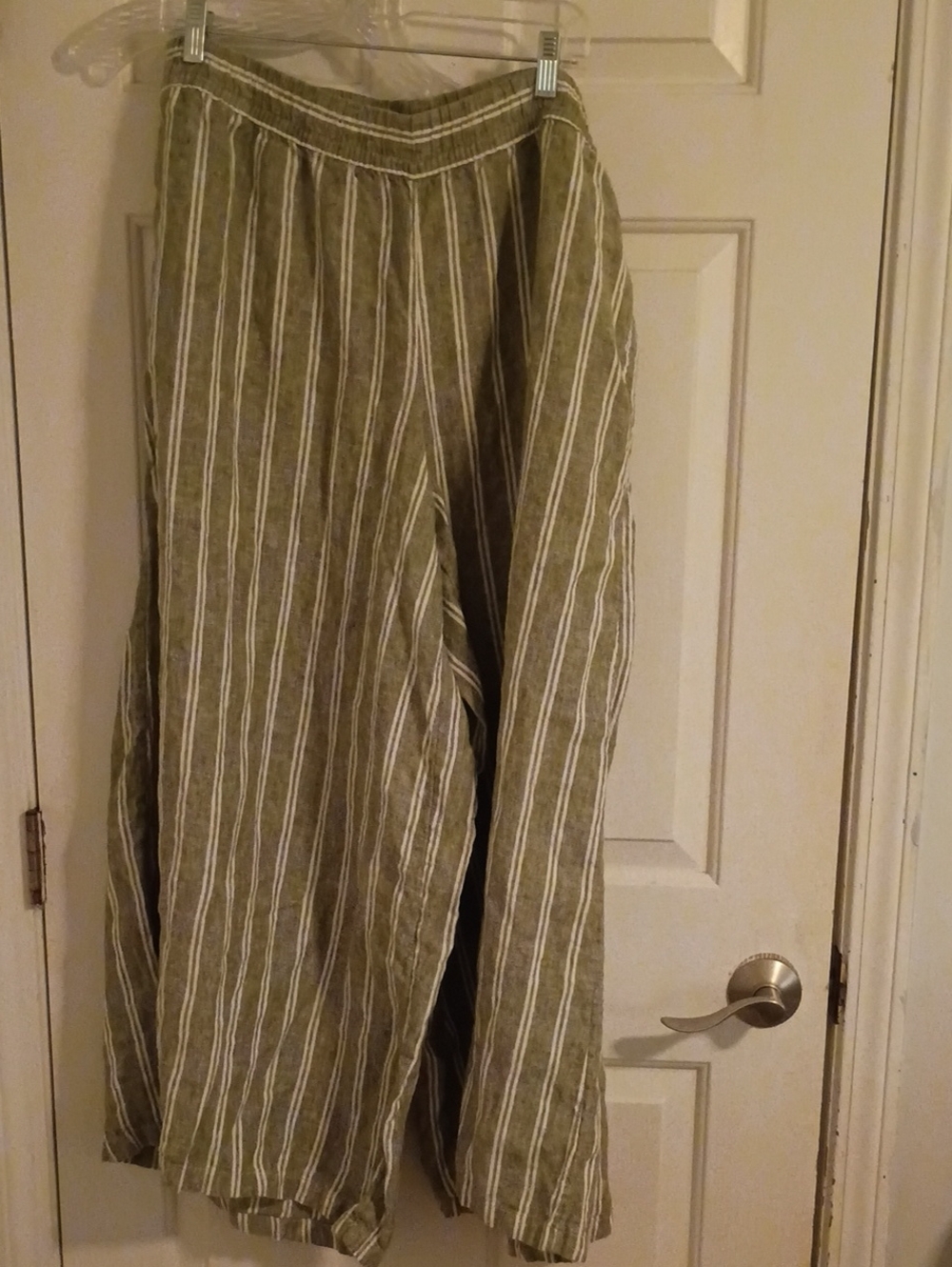 Lands' End Olive-Striped Wide Leg Trousers Linen Blend